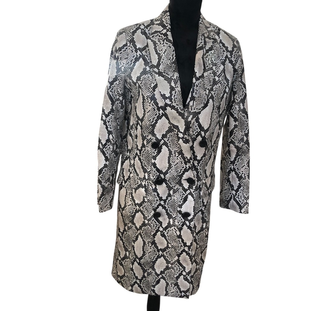 Women's Faux Leather Snakeskin Animal Print Double Breasted Long Line Coat Sz S